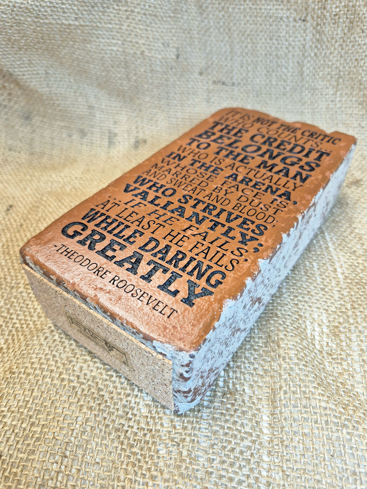 Engraved Brick Bookend: Theodore Roosevelt Quote, Rustic Home Decor